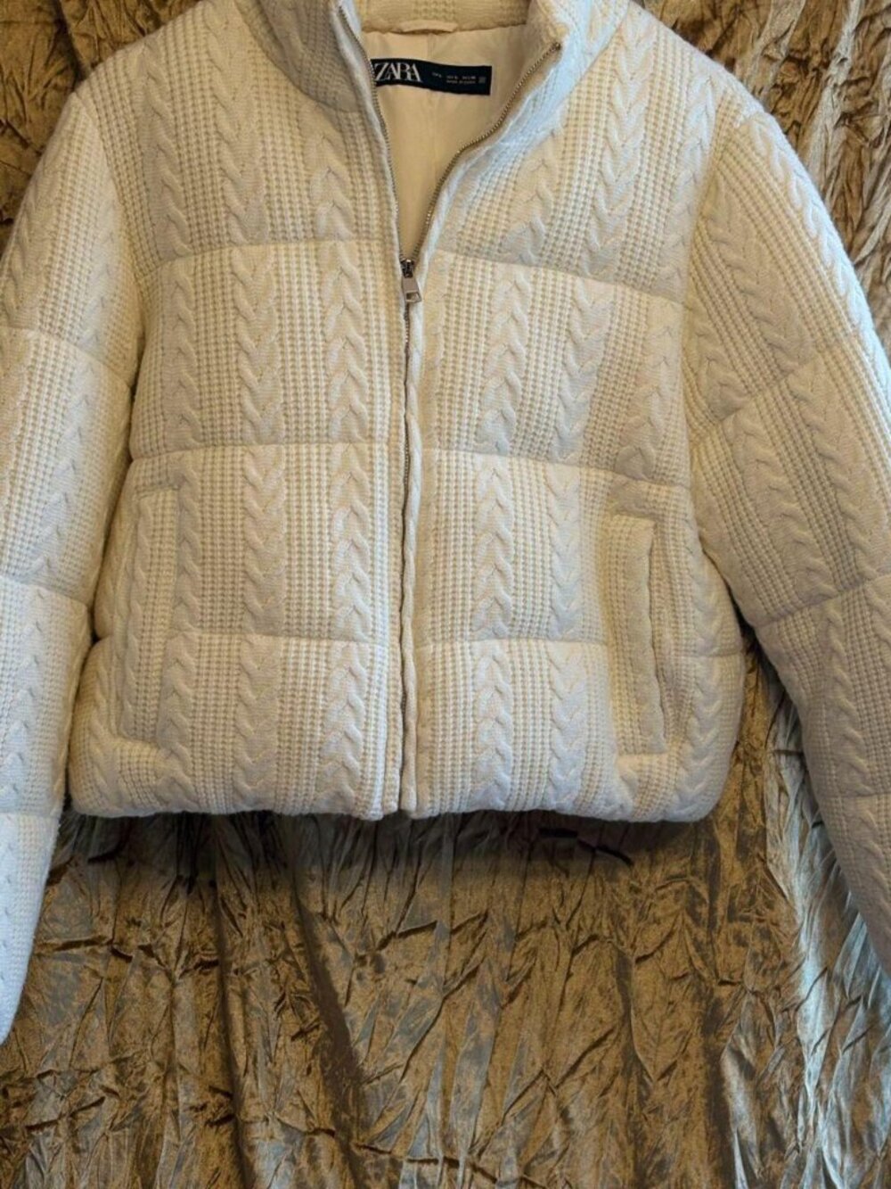 NWOT Zara Knit Puffer Anorak - Viral Cable Knit Puffy Jacket Ecru